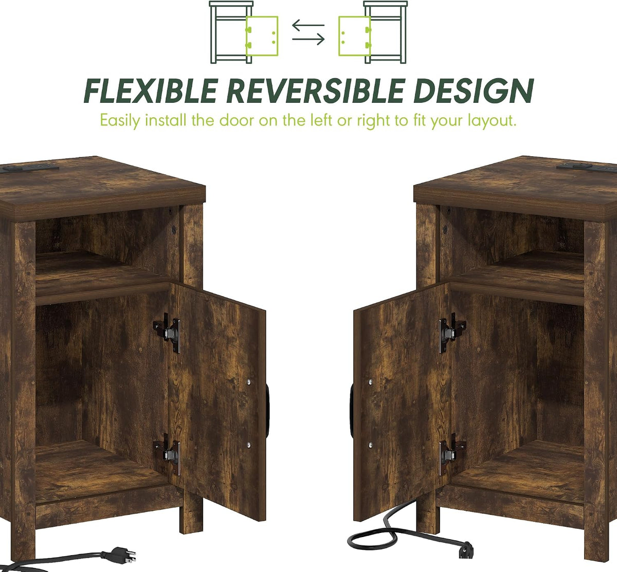 Farmhouse Night Stand with Charging Station, Bedside Table, Side Table, End Table with Door, USB Ports and Outlets, for Bedroom, Closet, Dorm, Amber Oak