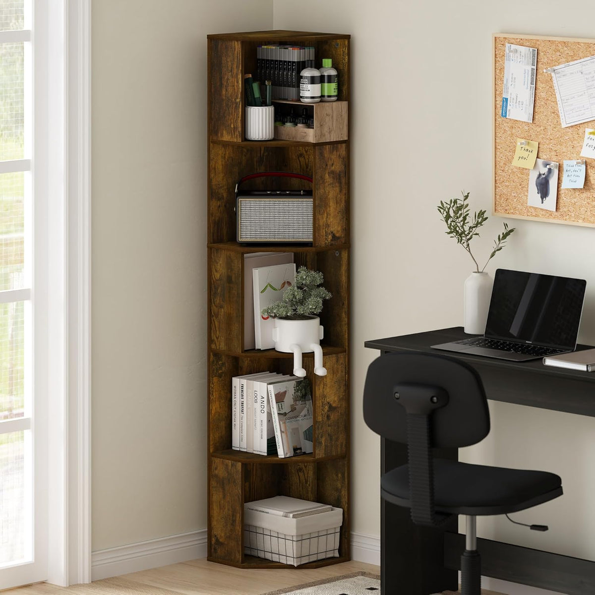 ECON Corner Shelf, 5-Tier Corner Book Shelf, Standing Storage Shelves, Cube Display Rack, Bookshelf, for Organization and Storage, Living Room, Home Office, Amber Pine