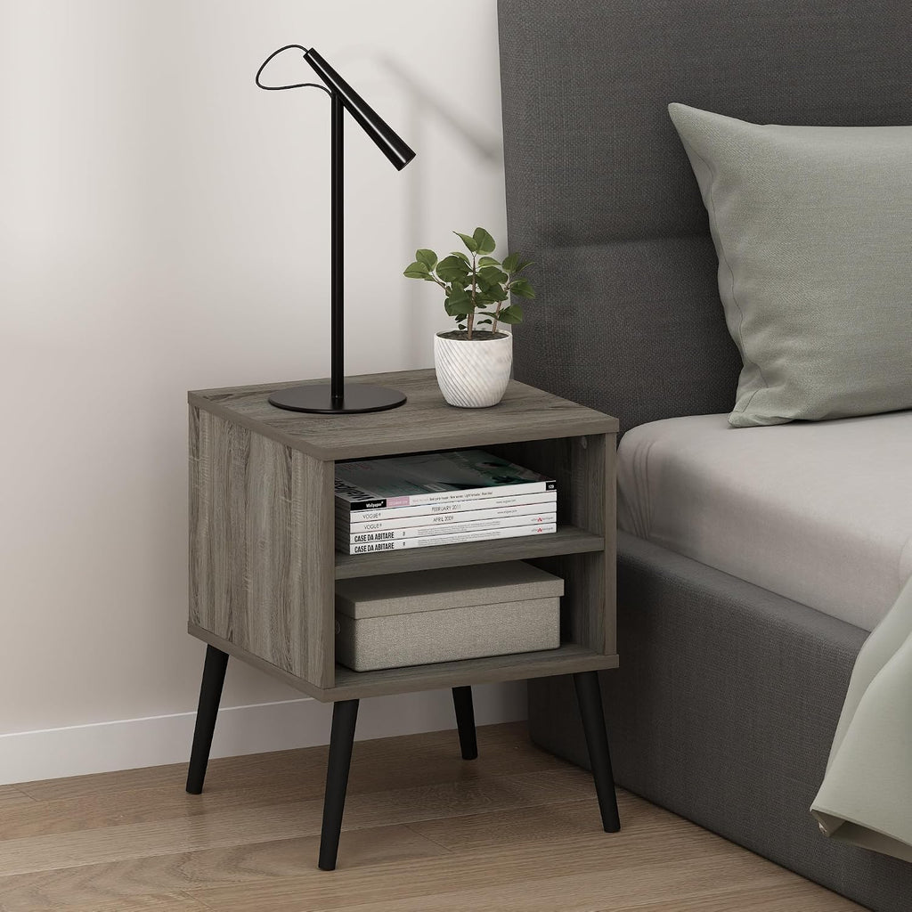 Claude Mid Century Style Nightstand with Wood Legs, 15.55 (D) x 15.55 (W) x 20.16 (H) inches, French Oak Grey