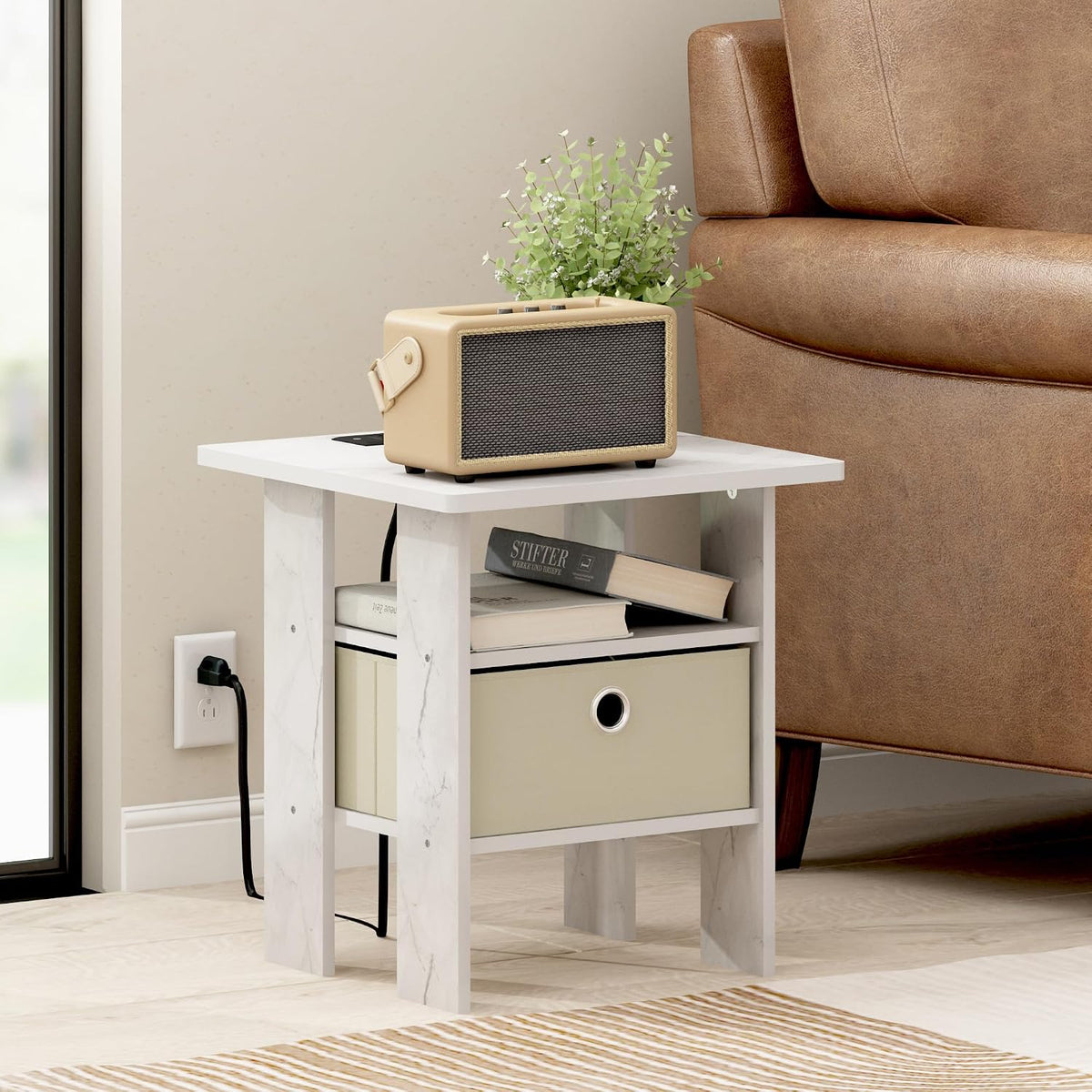 Andrey Side Table, Charging Station End Table, Light Marble/Ivory