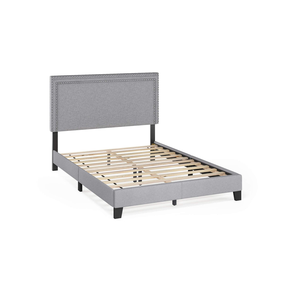 Laval Double Row Nail Head Upholstered Platform Bed Frame, Queen, Stone