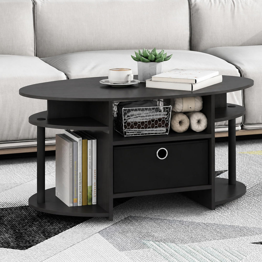 Jaya Oval Modern Grey Coffee Table with Side Shelves and Storage Bin, Side Table with Shelf, for Living Room, Bedroom, Home Office, Grey Oak