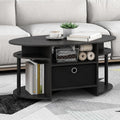 Jaya Oval Modern Grey Coffee Table with Side Shelves and Storage Bin, Side Table with Shelf, for Living Room, Bedroom, Home Office, Grey Oak