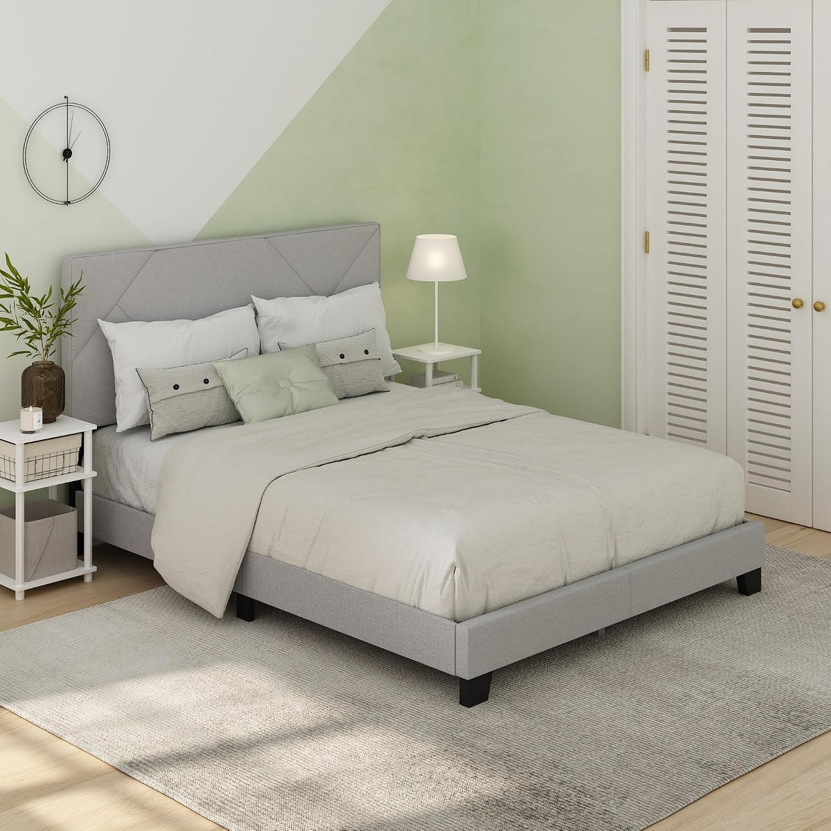 Skylar Bed Frame, Queen Size Bedframe with Geometric Design Upholstered Headboard, Bed with Adjustable Headboard, No Box Spring Needed, 12pcs Wooden Slat Support, for Bedroom, Dorm, Glacier