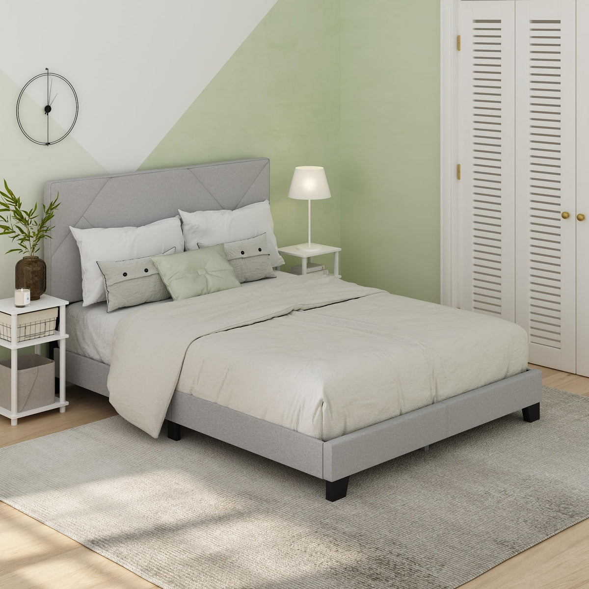 Lucy Bed Frame, King Size Bedframe with Geometric Design Upholstered Headboard, Bed with Adjustable Headboard, No Box Spring Needed, 12pcs Wooden Slat Support, for Bedroom, Dorm, Glacier