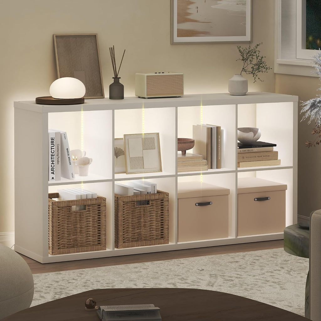 Cubicle Book Shelf with LED Lights, 8-Cube Bookshelf, Reversible Extra Thick Frame Bookcase, Display Storage Shelves, for Living Room, Bedroom, Home Office, White