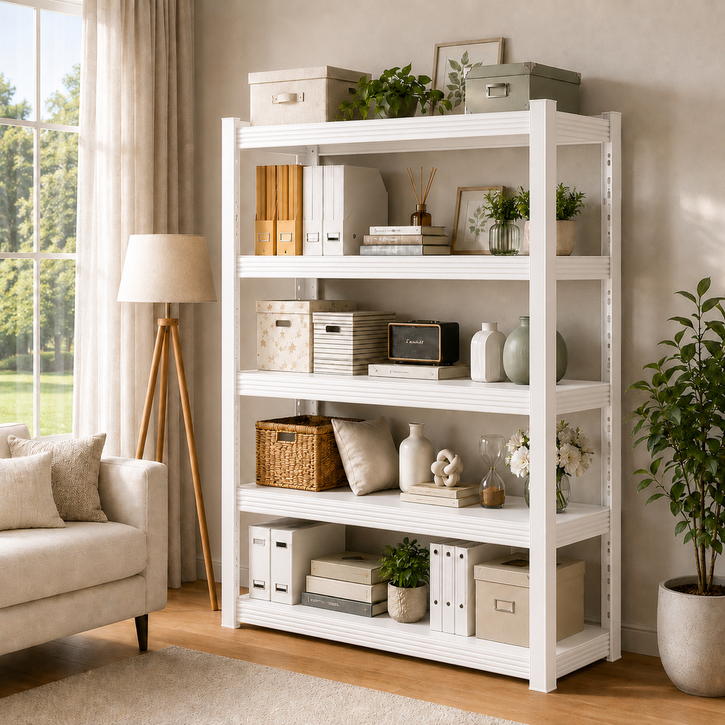 Metal Storage Shelf, Heavy‑Duty Cold‑Rolled Steel Organizer for Home Kitchen Garage (White, 47H*31.5L*16W(4 Tier), Thickened Version)