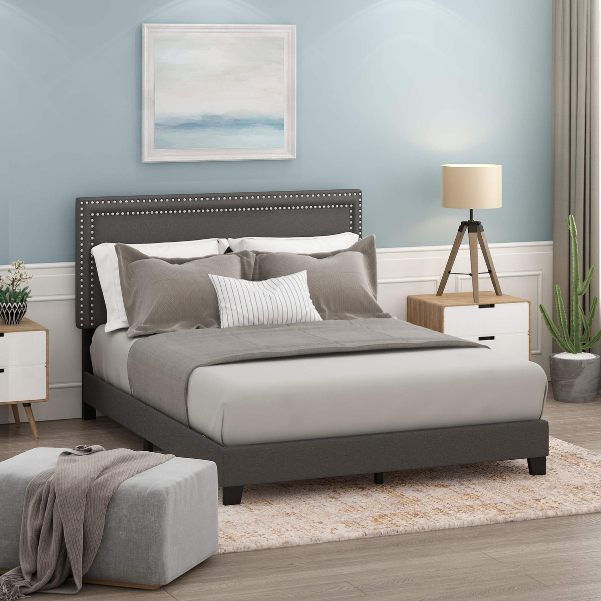 Laval Double Row Nail Head Upholstered Platform Bed Frame, Queen, Stone