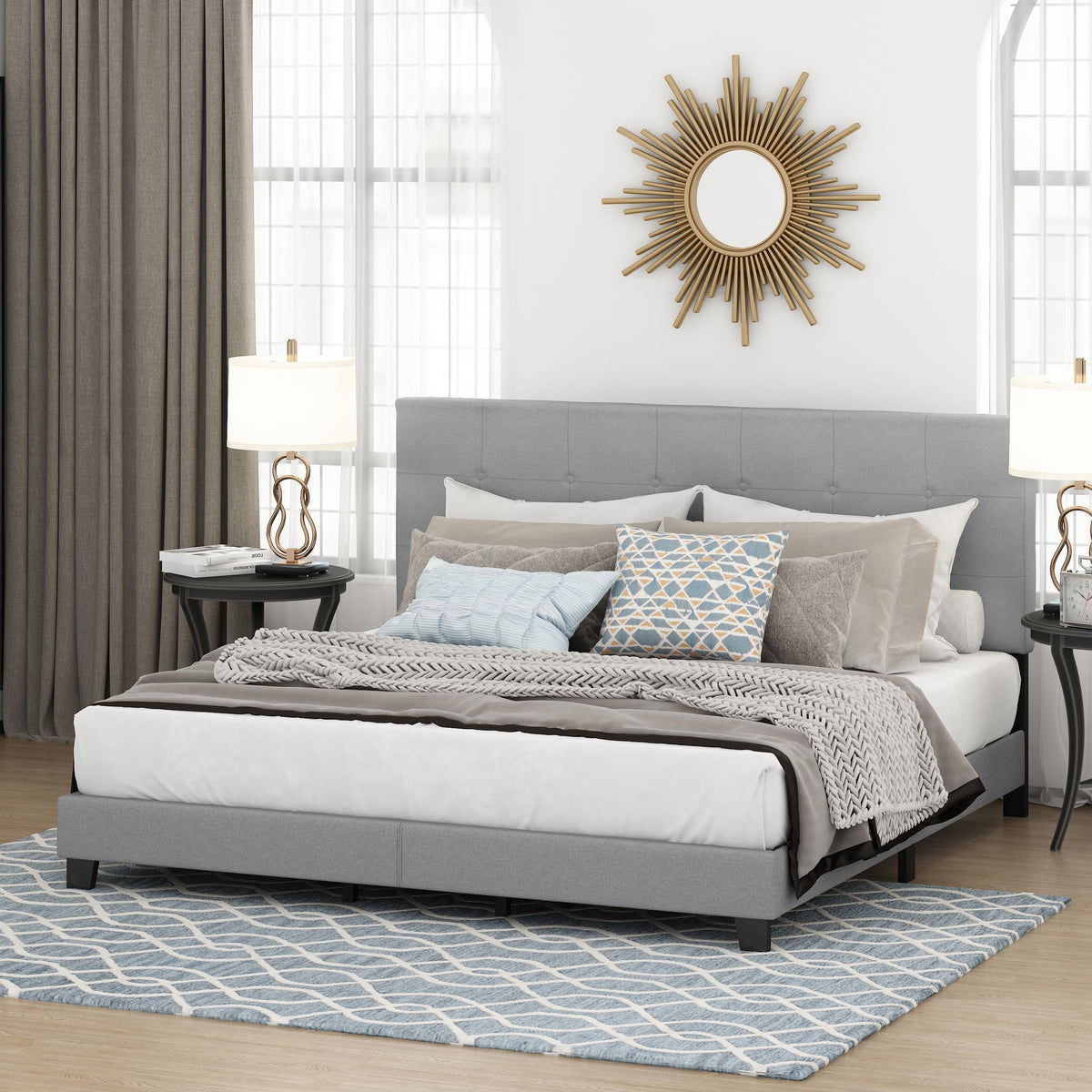 Laval Button Tufted Upholstered Platform Bed Frame, Queen, Linen