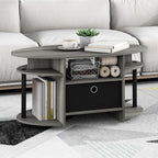 Jaya Oval Modern Grey Coffee Table with Side Shelves and Storage Bin, Side Table with Shelf, for Living Room, Bedroom, Home Office, Grey Oak