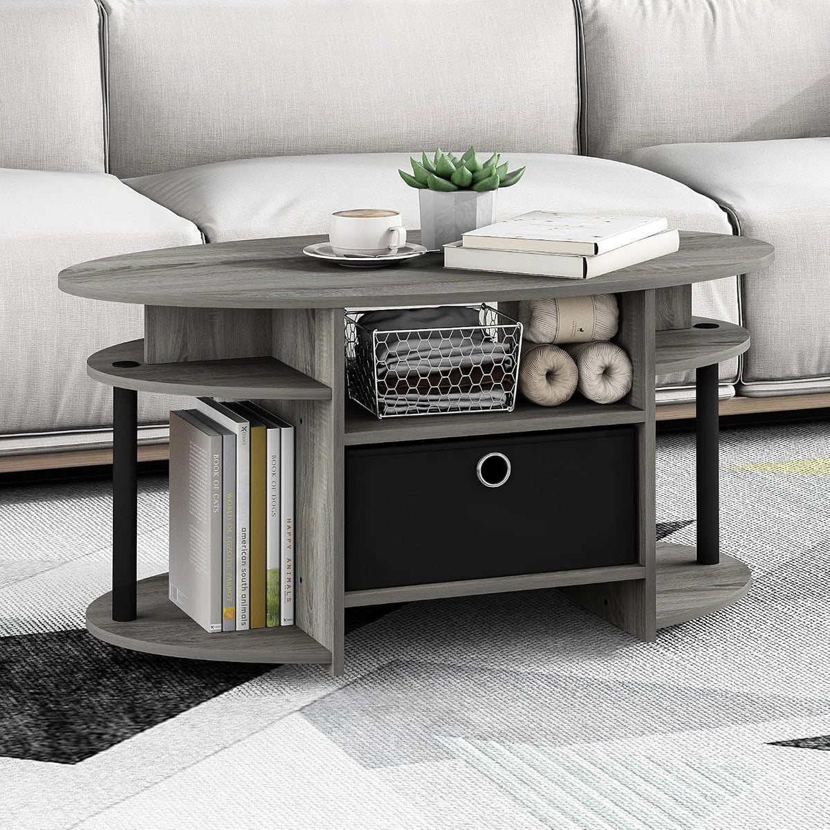 Jaya Oval Modern Grey Coffee Table with Side Shelves and Storage Bin, Side Table with Shelf, for Living Room, Bedroom, Home Office, Grey Oak