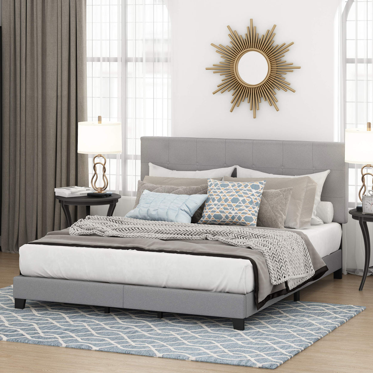 Laval Button Tufted Upholstered Platform Bed Frame, Queen, Glacier