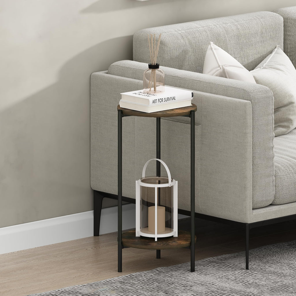 Besi 2-Tier Wide Round Side Table with Metal Legs, Metal Frame, White End Table, Night Stand, Bedside Table with Open Shelf, for Living Room, Bedroom, Light Marble