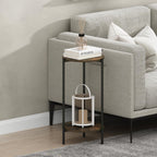 Besi 2-Tier Wide Round Side Table with Metal Legs, Metal Frame, White End Table, Night Stand, Bedside Table with Open Shelf, for Living Room, Bedroom, Light Marble