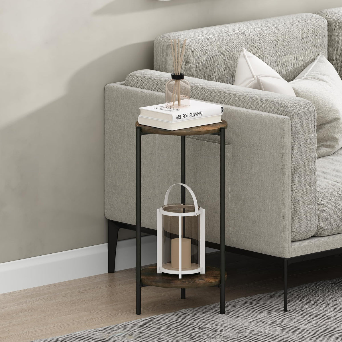 Besi 2-Tier Tall Round Side Table with Metal Legs, Light Marble