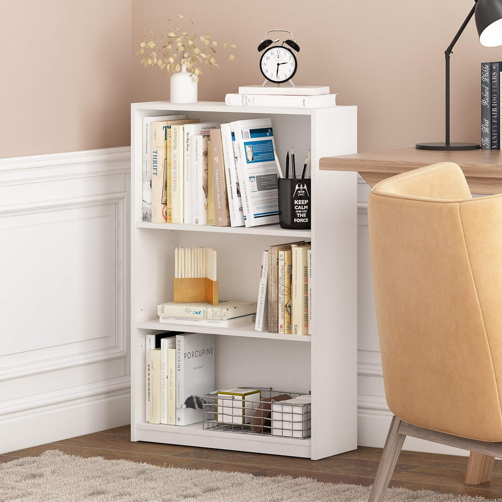 Jaya Book Shelf, 3-Tier Bookshelf, Bookcase with Adjustable Shelves, 9.5 x 24.5 x 40.3, for Organization and Storage, for Living Room, Bedroom, Home Office, White