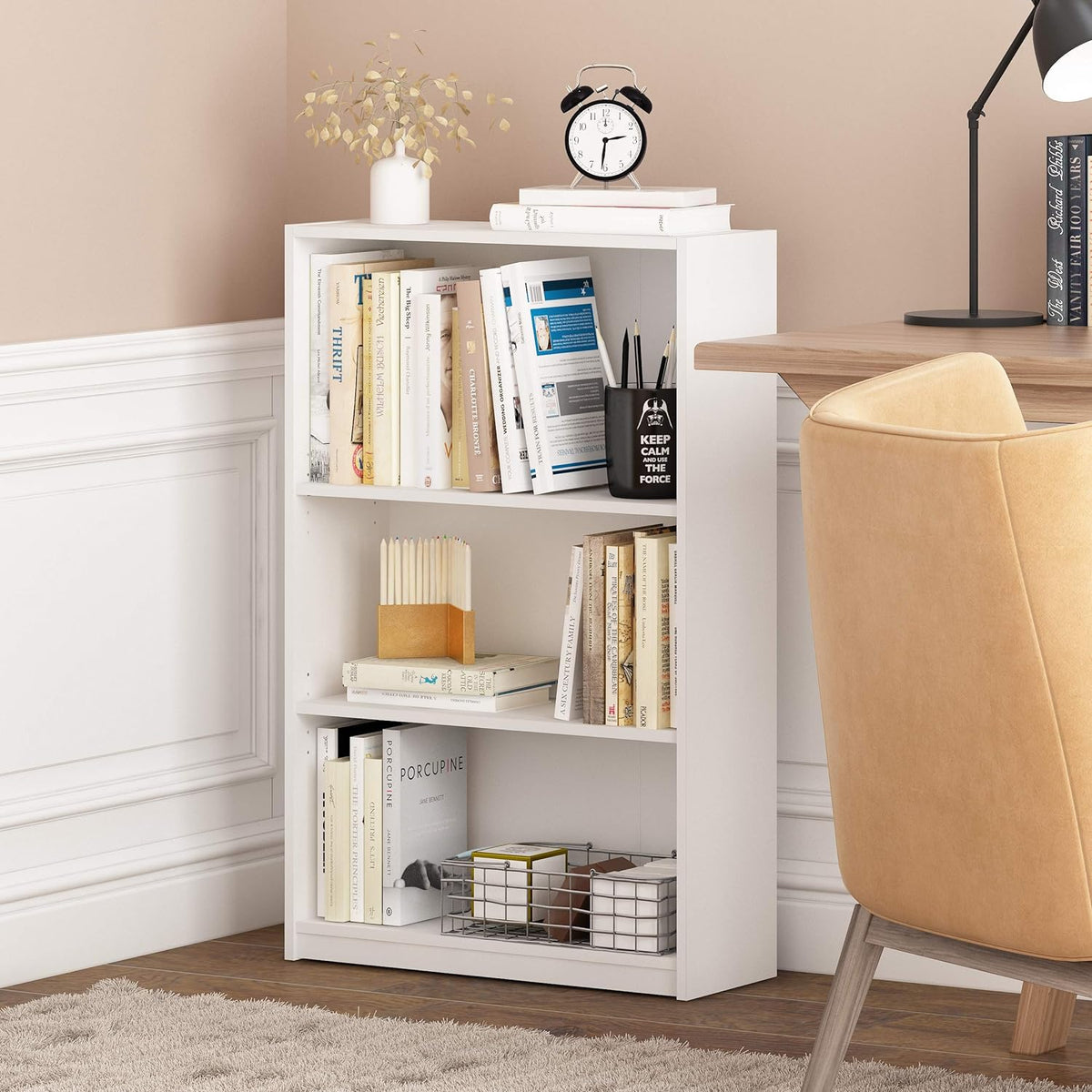 Jaya Book Shelf, 3-Tier Bookshelf, Bookcase with Adjustable Shelves, 9.5 x 24.5 x 40.3, for Organization and Storage, for Living Room, Bedroom, Home Office, White