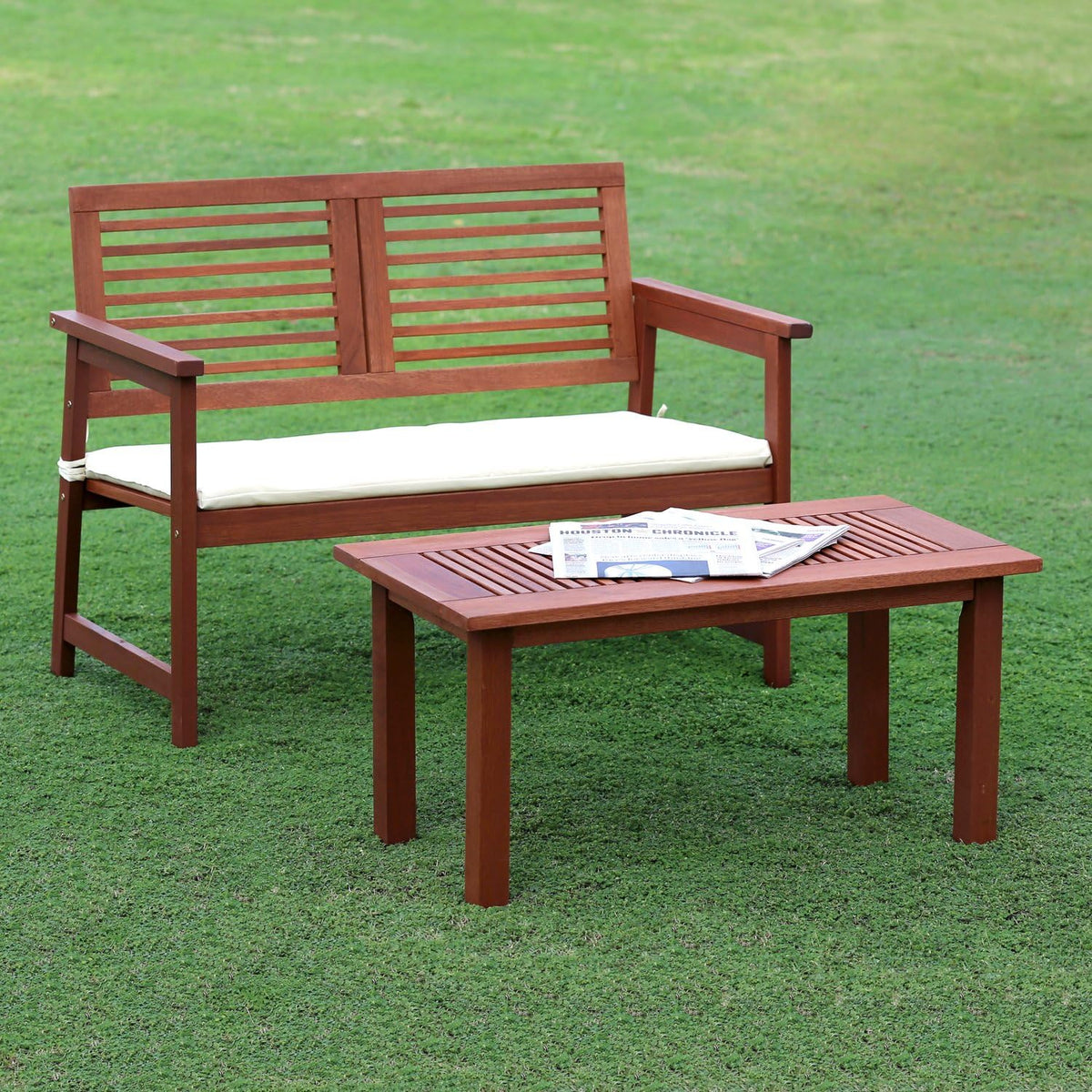 TIOMAN Outdoor Bench, Garden Bench with Back, for Patio, Garden, Porch, 22 x 42 x 32, Natural
