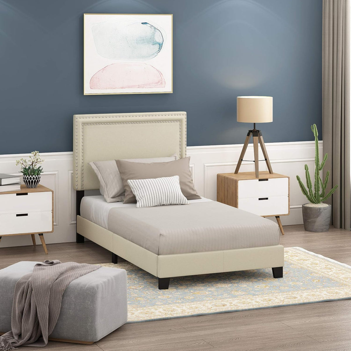 Laval Double Row Nail Head 12PC Slat Style Bed Frame, Twin, Linen