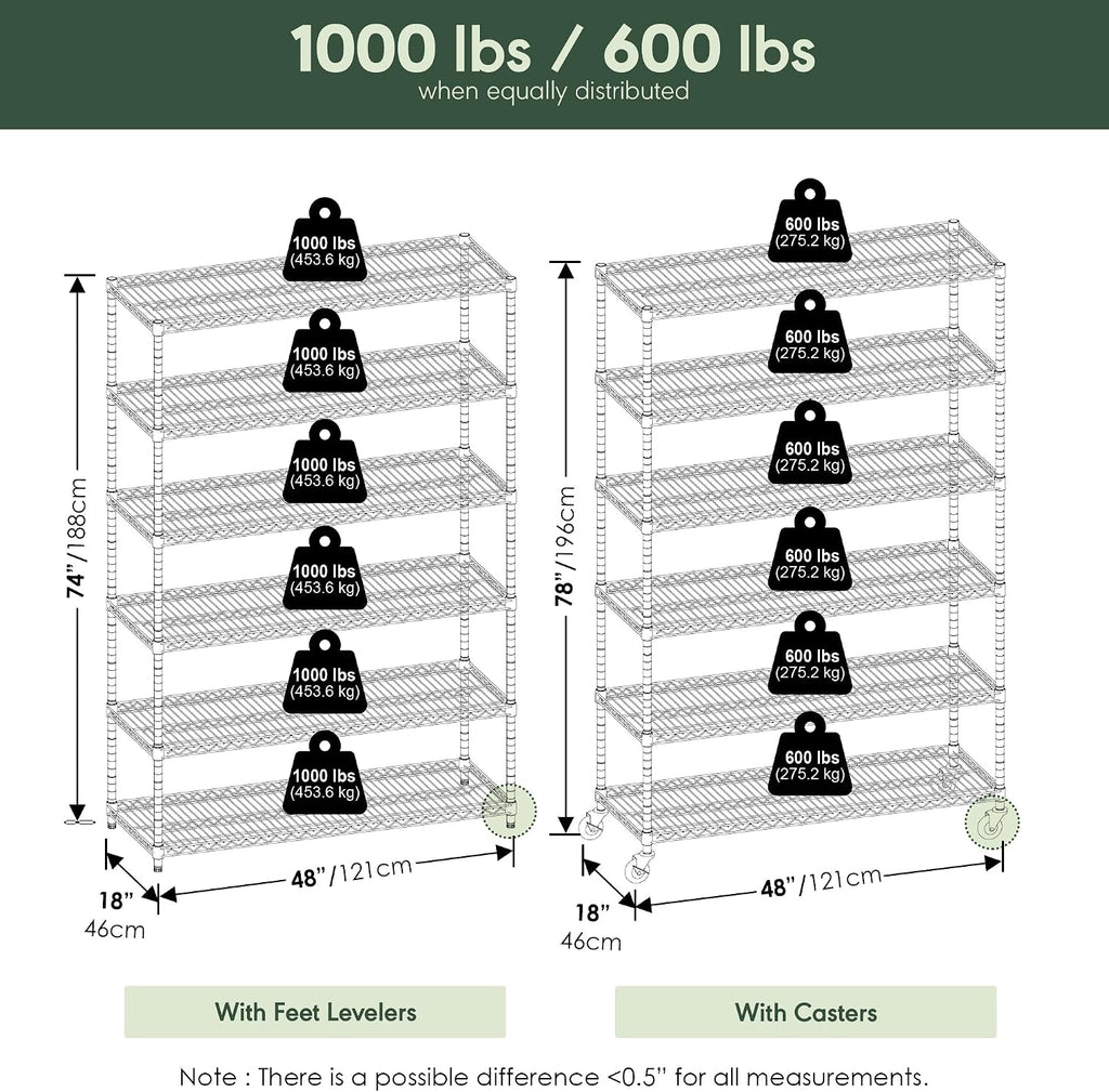 Wayar Metal Storage Shelf Rack, 6 Tiers, 48-Inch, Stainless Steel