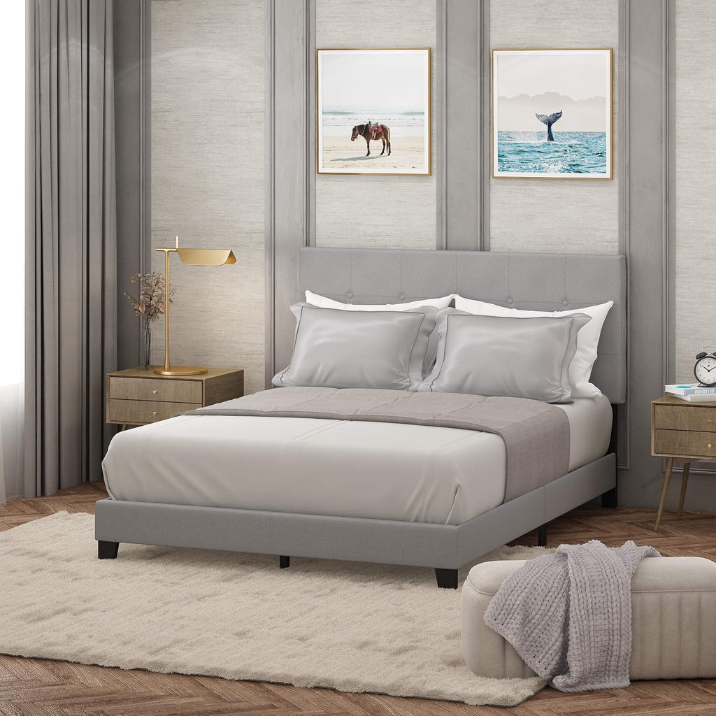 Laval Bed Frame, Twin Size Bedframe with Button Tufted Headboard, Upholstered Bed with Legs, 12pcs Wooden Slat Support, Easy Assembly, for Bedroom, Dorm, Light Grey