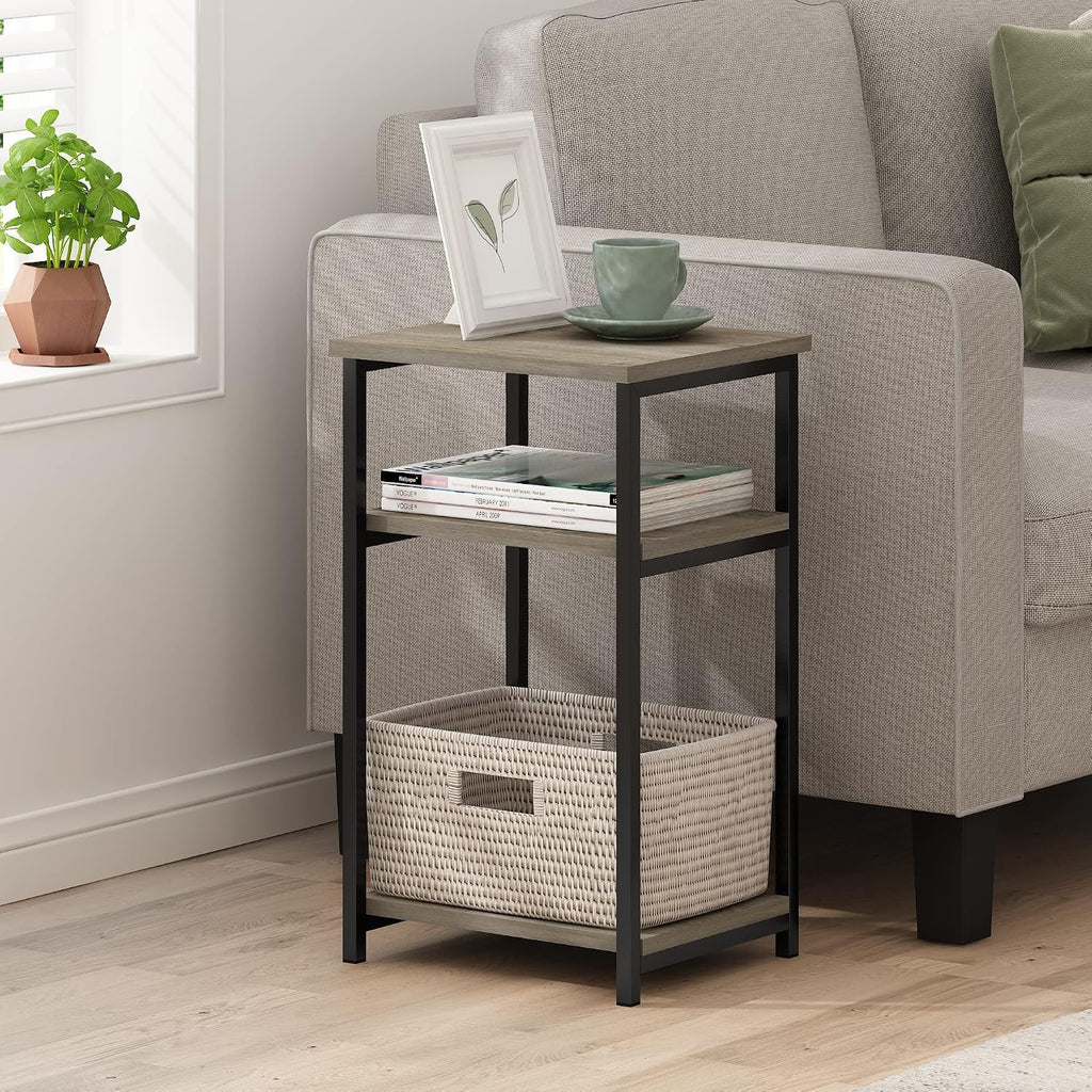 Just Side Table, 3-Tier Modern Metal Frame End Table, Grey Oak