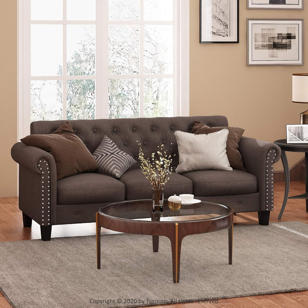 Bastia Vintage Modern Chesterfield Button Tufted 3-Seater Sofa Couch for Living Room, Brown Faux Leather