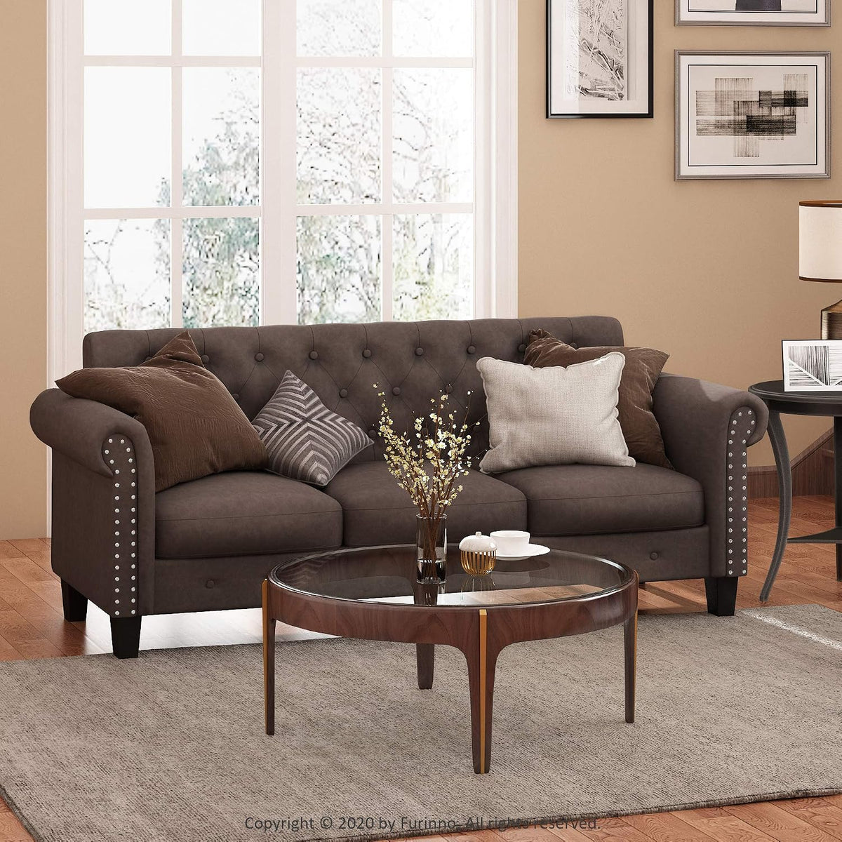 Bastia Vintage Modern Chesterfield Button Tufted 3-Seater Sofa Couch for Living Room, Brown Faux Leather