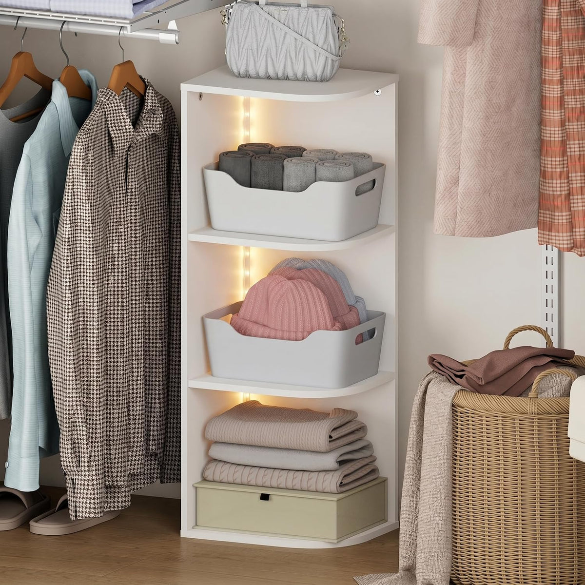 PASIR Corner Closet Organizer with LED Lights, 3-Tier, White