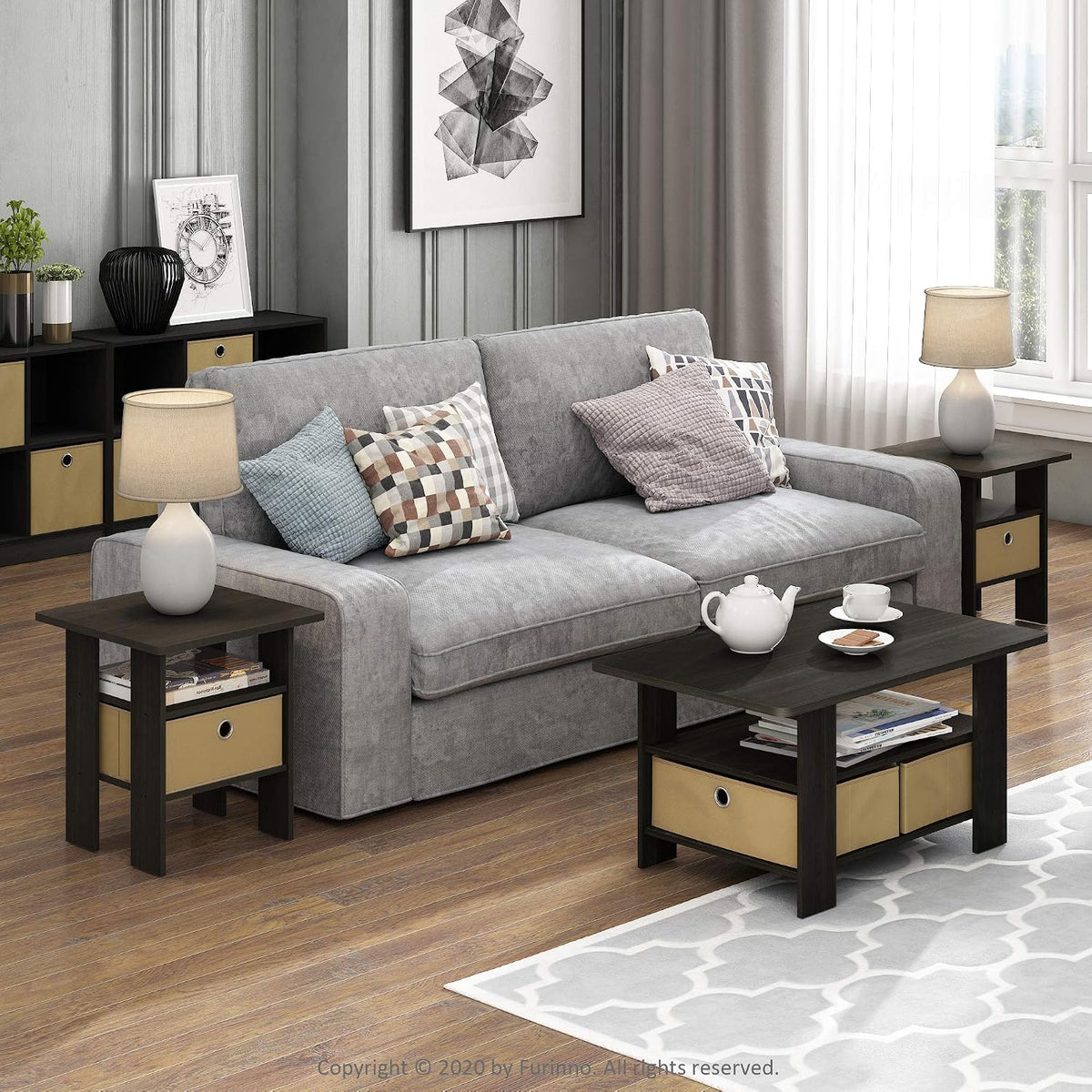 Andrey Set of 2 End / Side Table / Night Stand / Bedside Table with Bin Drawer, Espresso