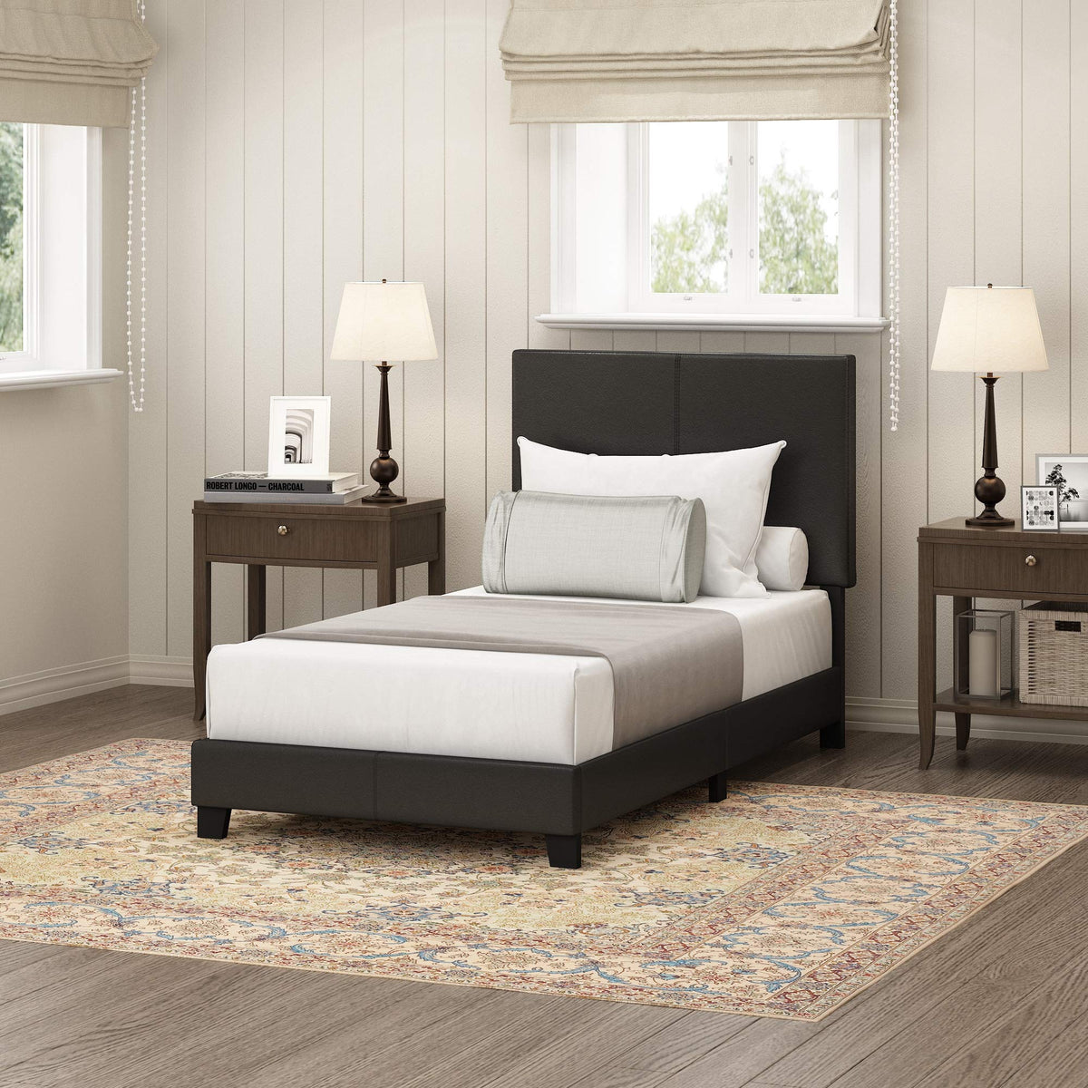 Laval Double Row Nail Head Upholstered Platform Bed Frame, Queen, Stone