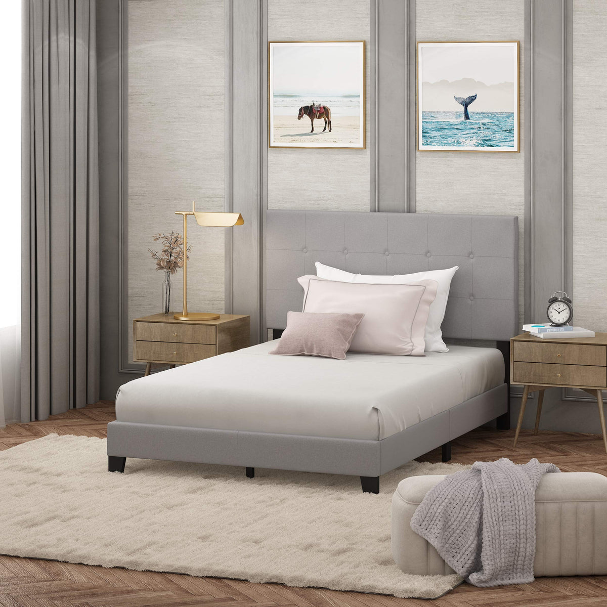 Laval Button Tufted Upholstered Platform Bed Frame, Queen, Linen
