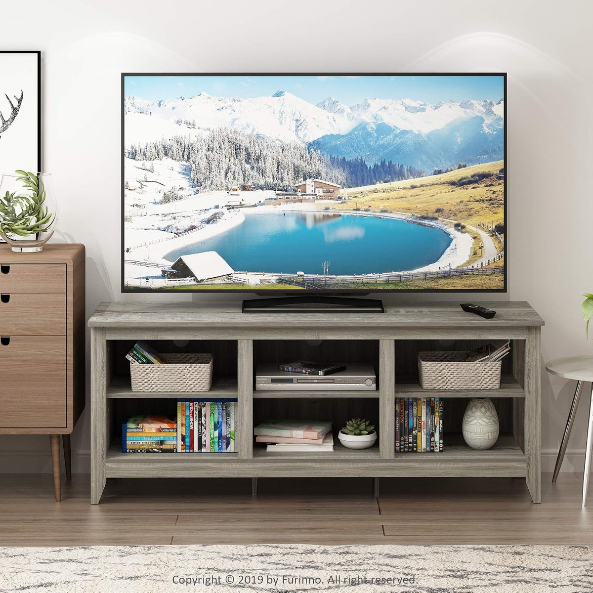 Jensen TV Stand, TV Entertainment Center with 6 Cube Shelves, TV Console, for TV up to 60 Inch, for Living Room, Bedroom, Grey Oak