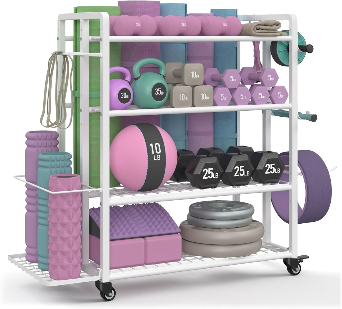 4-Tier Home Gym Storage Rack with Wheels and Hooks, Dumbbell Stand