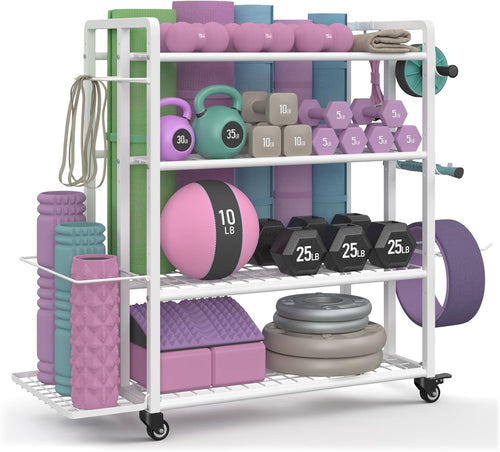 4-Tier Home Gym Storage Rack with Wheels and Hooks, Dumbbell Stand