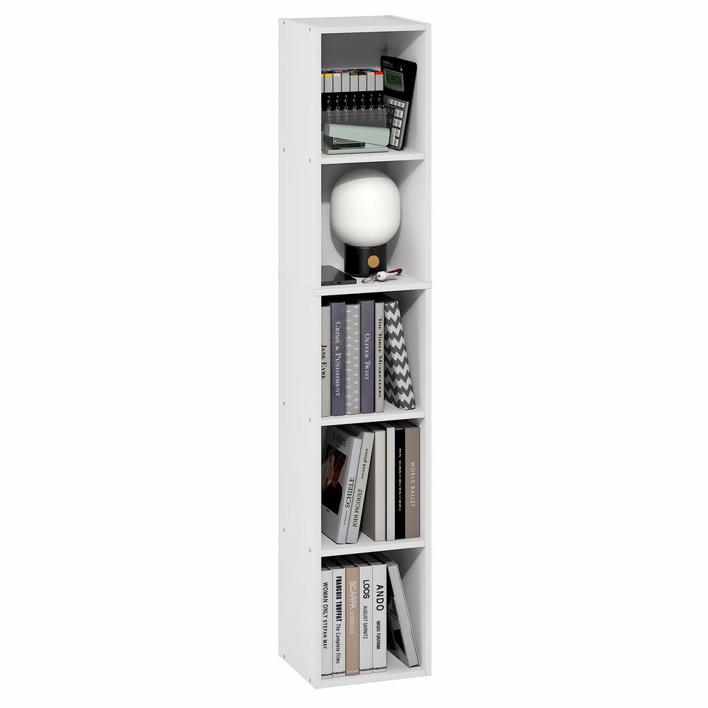 Furinno Fulda Book Shelf, 5-Tier Tall Narrow Bookshelf, Standing Bookcase with 10-in Width Storage Shelf, 9.3 x 9.8 x 51.9, for Organization Storage, for Living Room, Bedroom, Home Office, White