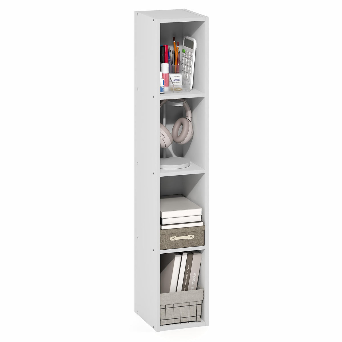 Furinno Fulda Book Shelf, 4-Tier Narrow Bookshelf, Standing Bookcase with 8-in Width Storage Shelf, 9.3 x 7.9 x 41.6, for Organization and Storage, for Living Room, Bedroom, Home Office, White