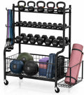 4-Tier Home Gym Storage Rack with Wheels and Hooks, Dumbbell Stand
