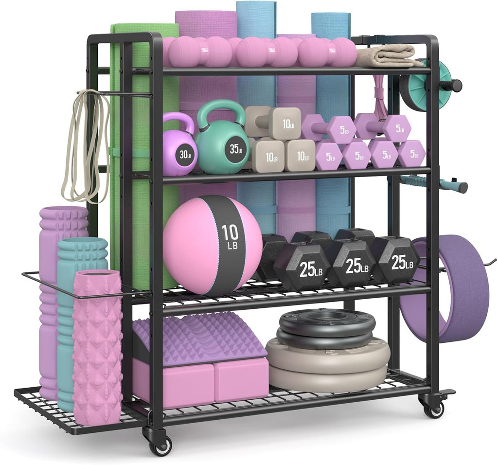 4-Tier Home Gym Storage Rack with Wheels and Hooks, Dumbbell Stand