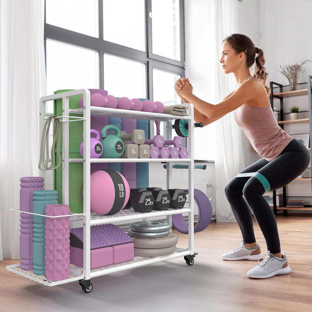 4-Tier Home Gym Storage Rack with Wheels and Hooks, Dumbbell Stand