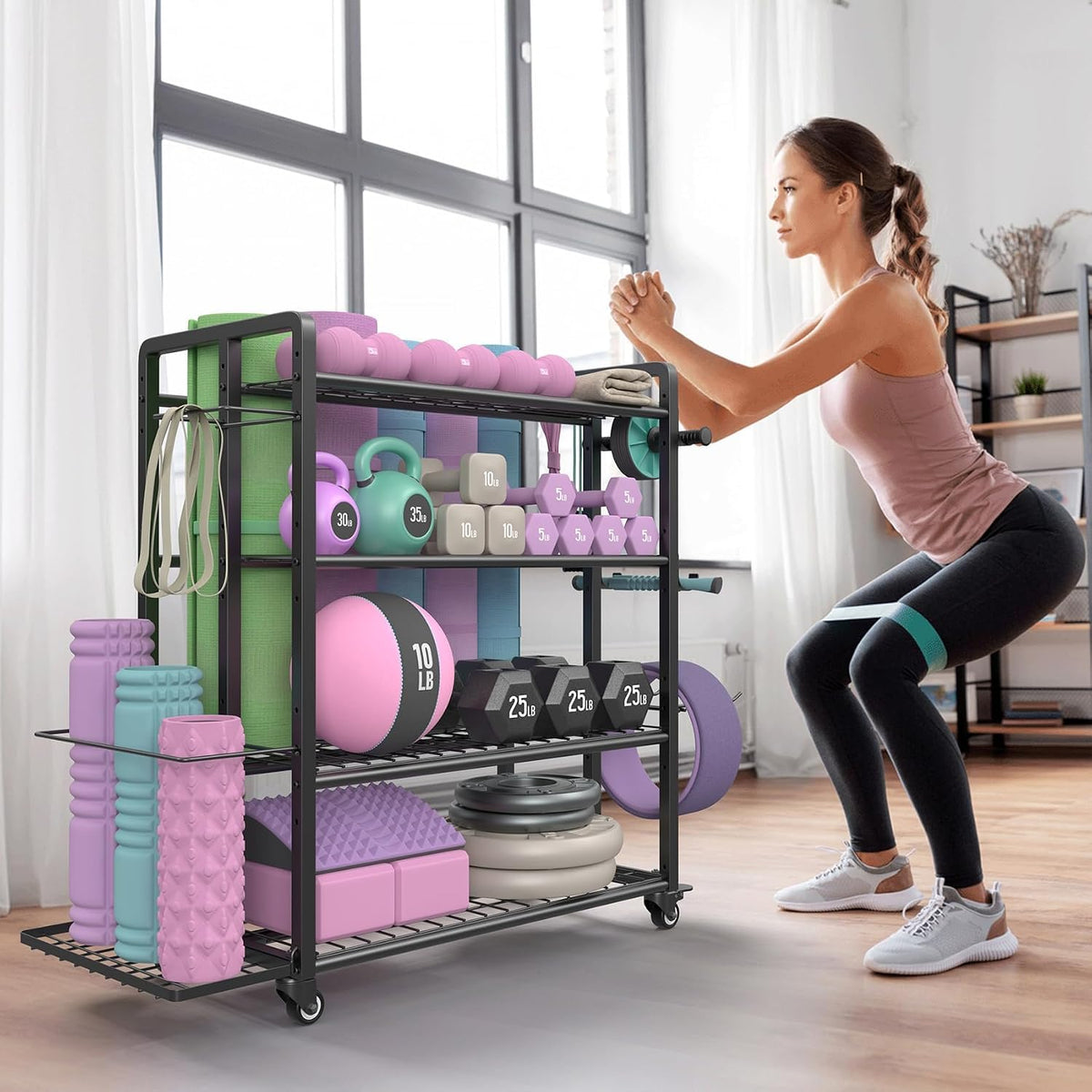 4-Tier Home Gym Storage Rack with Wheels and Hooks, Dumbbell Stand