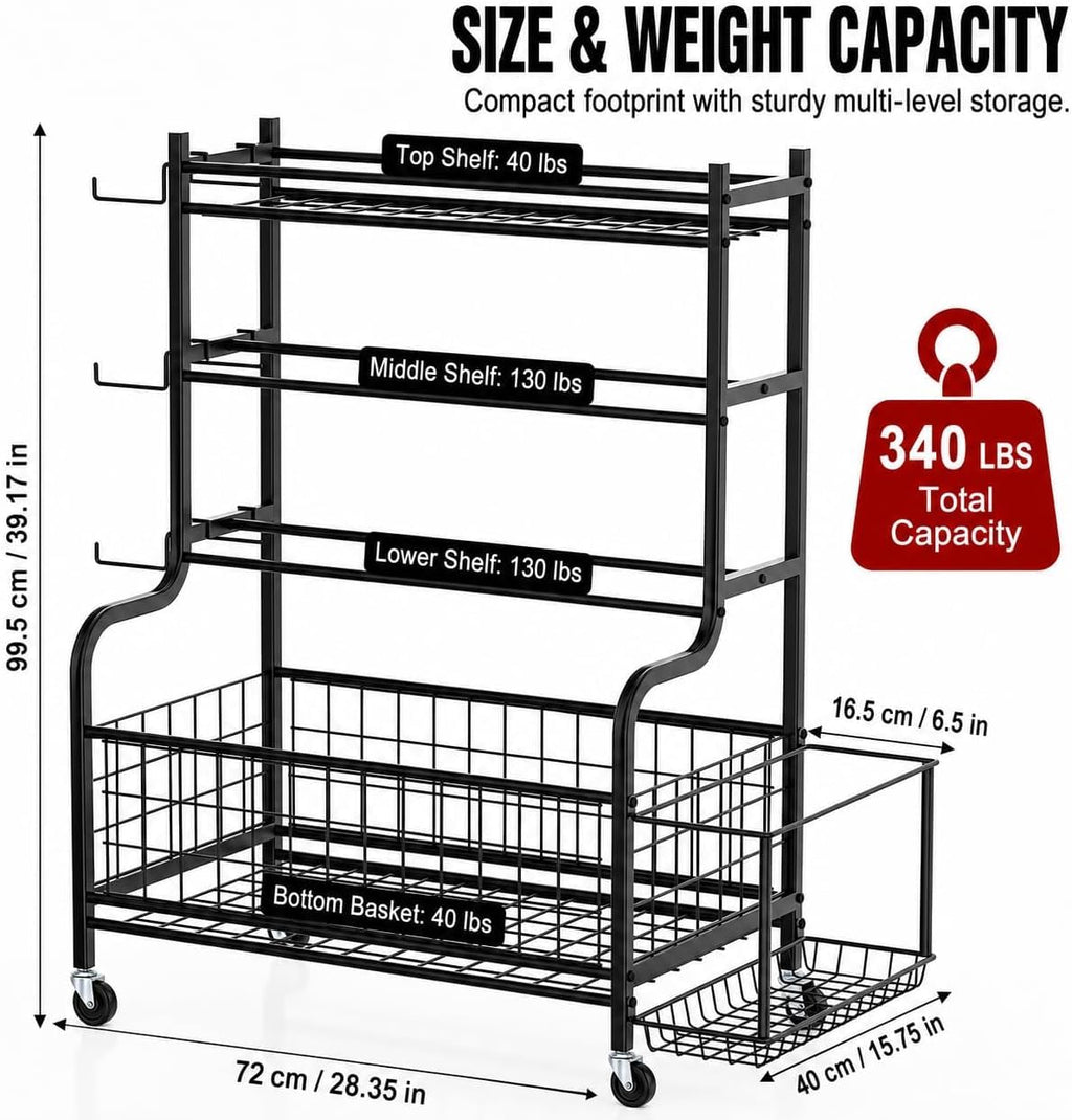 4-Tier Home Gym Storage Rack with Wheels and Hooks, Dumbbell Stand