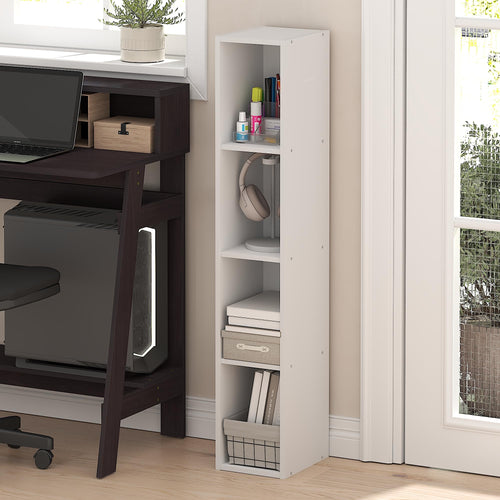 Furinno Fulda Book Shelf, 4-Tier Narrow Bookshelf, Standing Bookcase with 10-in Width Storage Shelf, 9.3 x 9.8 x 41.6, for Organization and Storage, for Living Room, Bedroom, Home Office, White