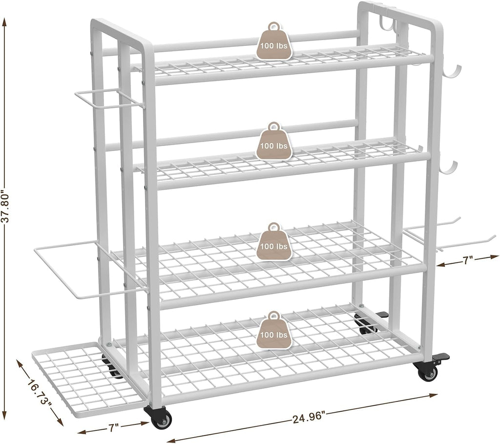 4-Tier Home Gym Storage Rack with Wheels and Hooks, Dumbbell Stand