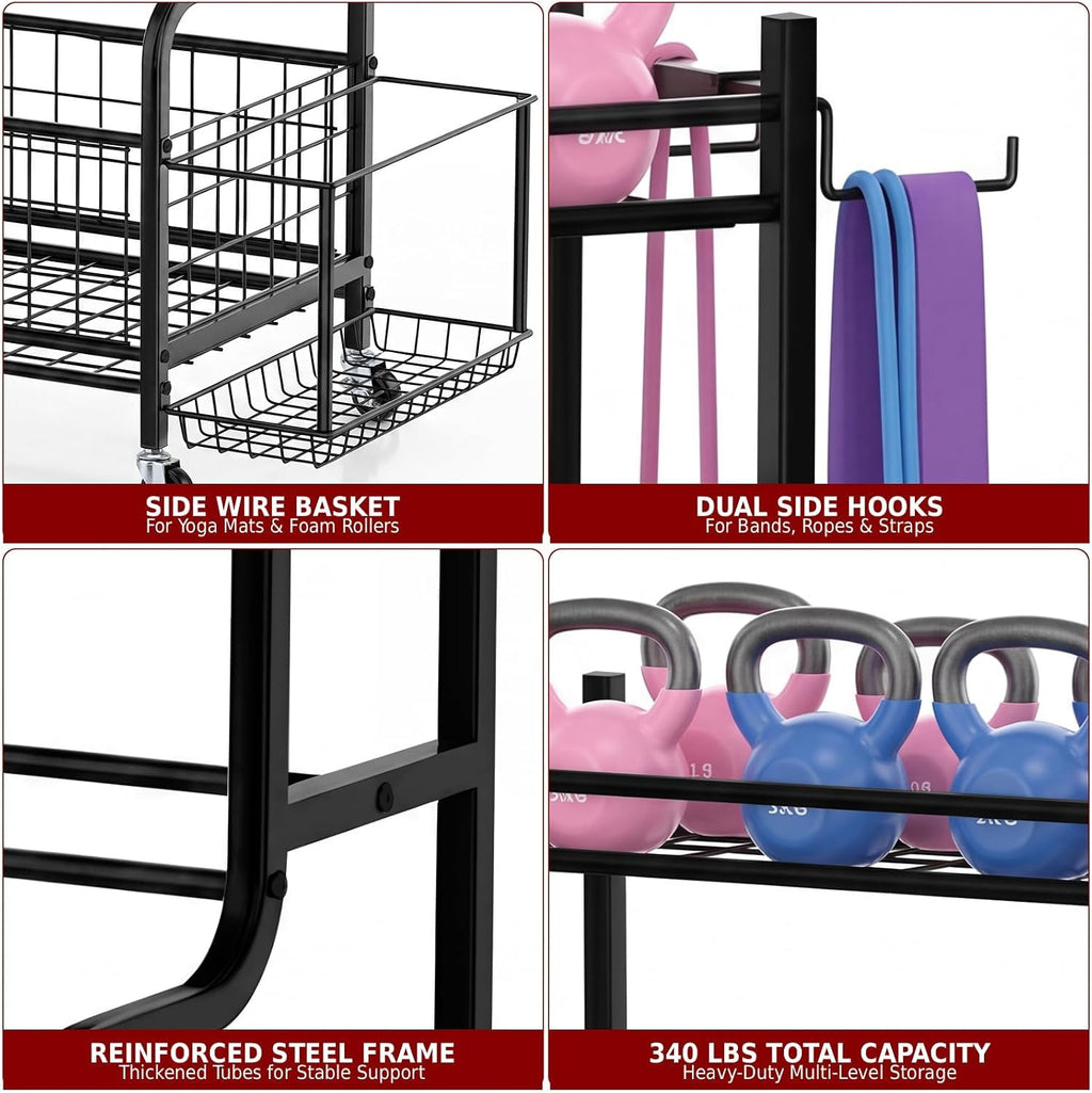 4-Tier Home Gym Storage Rack with Wheels and Hooks, Dumbbell Stand