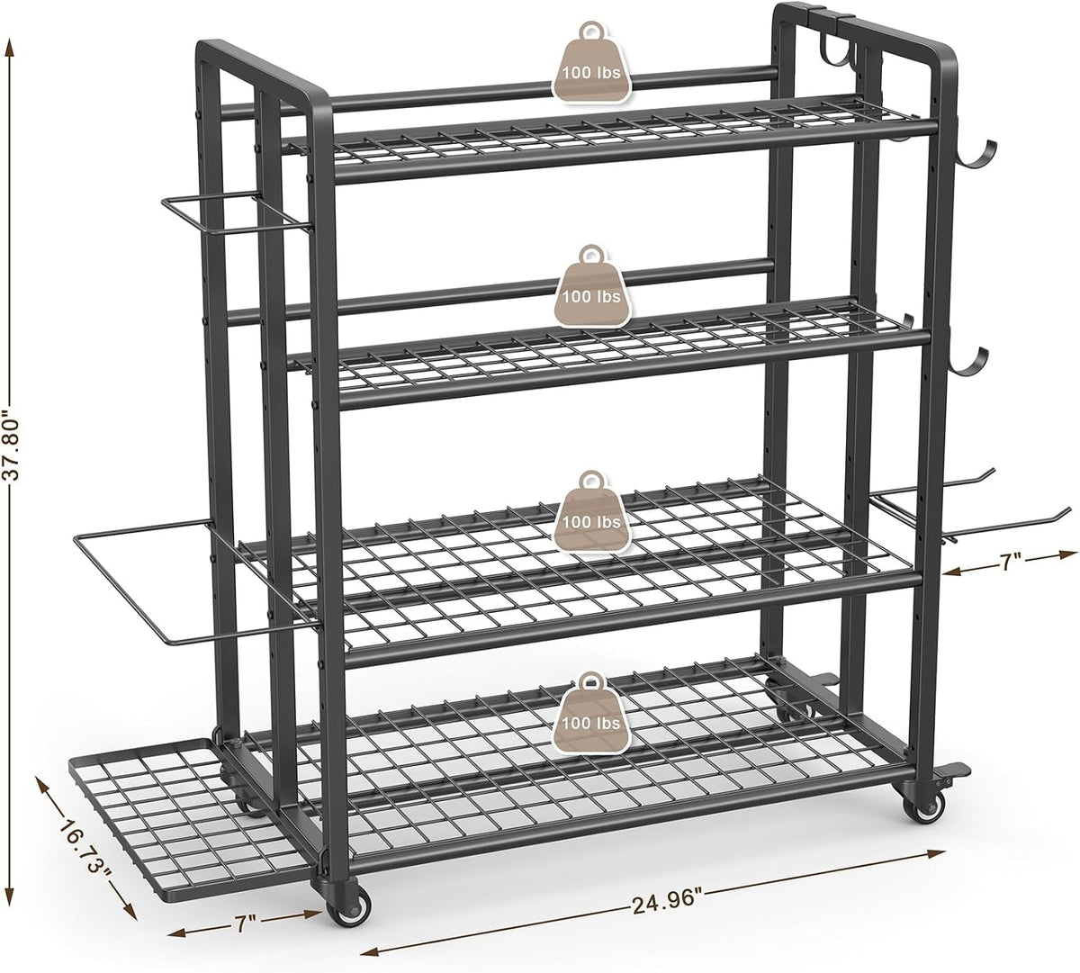 4-Tier Home Gym Storage Rack with Wheels and Hooks, Dumbbell Stand
