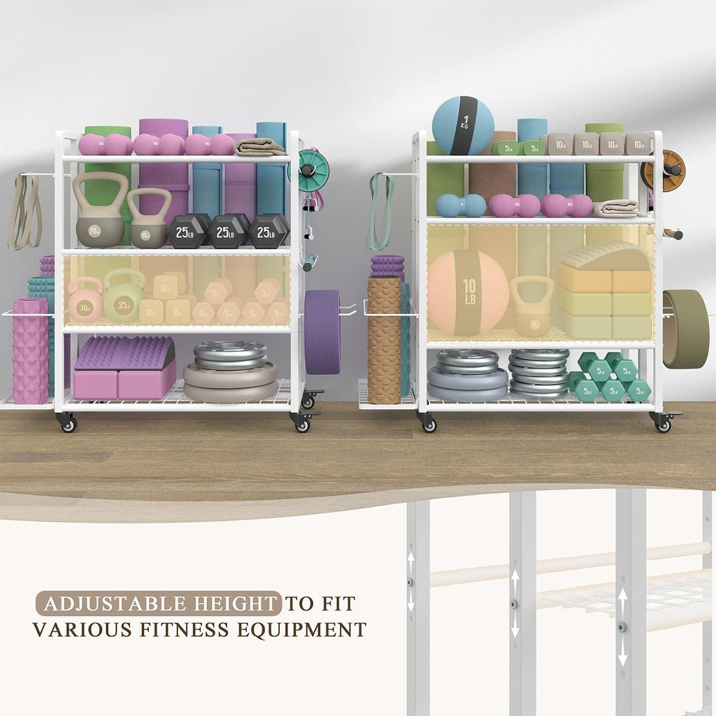 4-Tier Home Gym Storage Rack with Wheels and Hooks, Dumbbell Stand