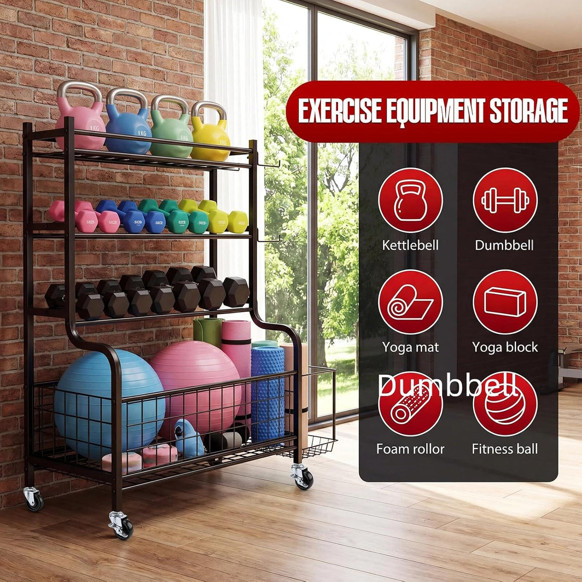 4-Tier Home Gym Storage Rack with Wheels and Hooks, Dumbbell Stand