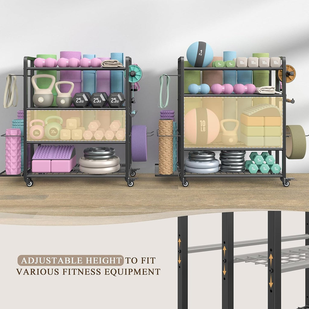 4-Tier Home Gym Storage Rack with Wheels and Hooks, Dumbbell Stand