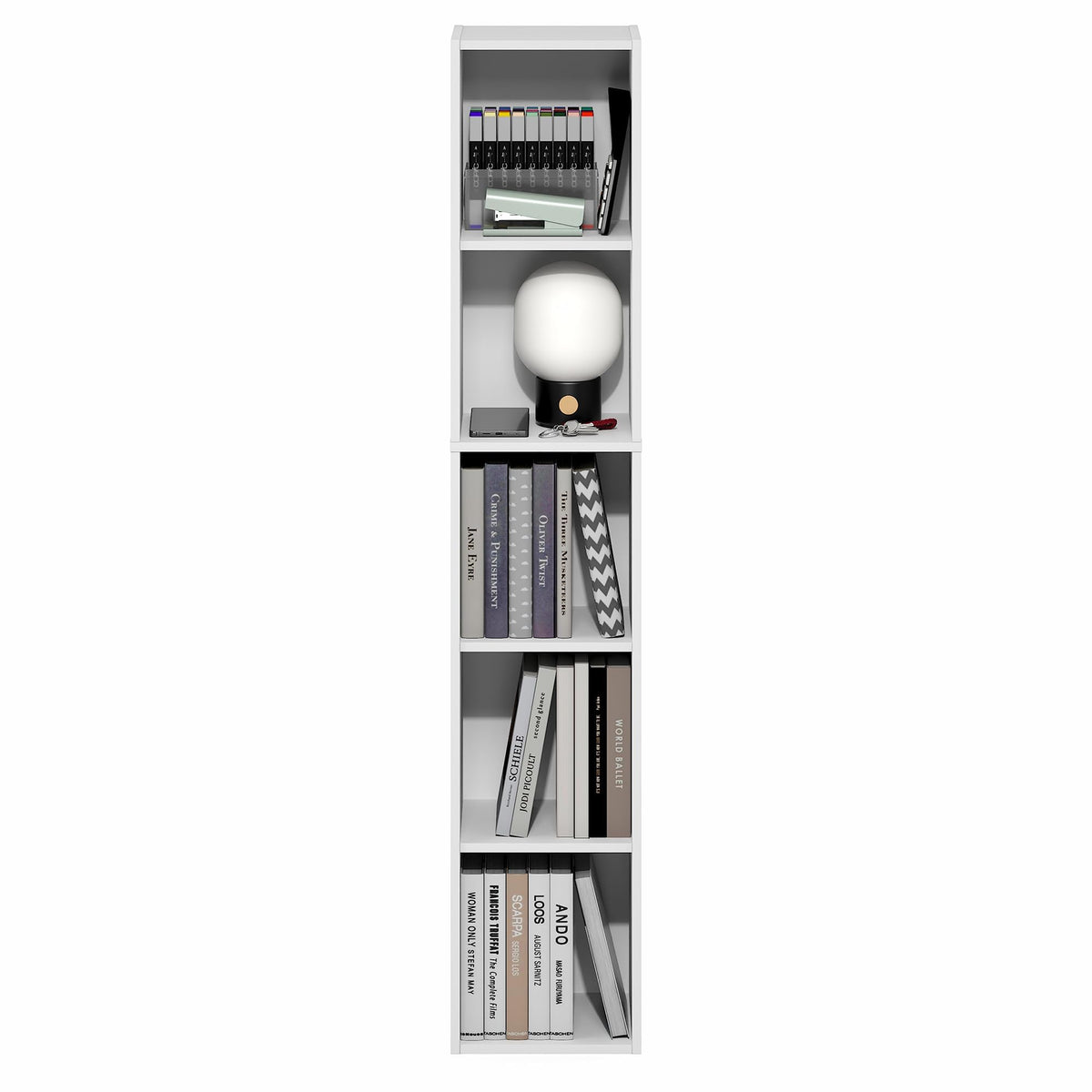 Furinno Fulda Book Shelf, 5-Tier Tall Narrow Bookshelf, Standing Bookcase with 10-in Width Storage Shelf, 9.3 x 9.8 x 51.9, for Organization Storage, for Living Room, Bedroom, Home Office, White